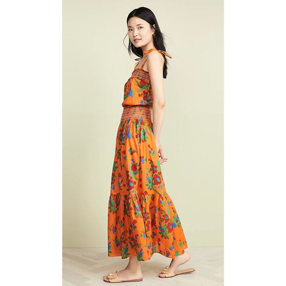 TORY BURCH NEW $448 Smocked Orange Green & Red Ruffle Floral Print Dress - Large - Picture 5 of 16